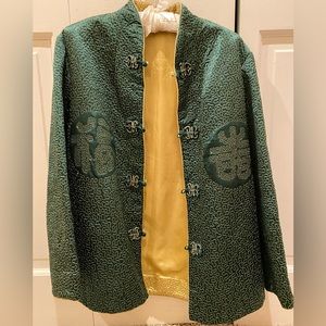 Vintage Reversible Silk Oriental Brocade Jacket green gold Unisex Women's XXL